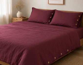 Set di biancheria da letto in lino bordeaux con chiusura a bottoni in legno, copripiumino in lino lavato, set di lenzuola matrimoniali, arredamento camera da letto boho minimalista