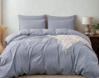 Juego de funda nórdica de lino azul claro – Ropa de cama de lino europeo con acabado lavado a la piedra