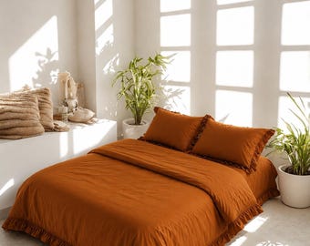 Parure de lit à volants orange brûlé, housse de couette en lin rustique, literie en terre cuite, déco de chambre Cottagecore, parure de lit lavé doux