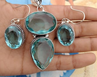 Oxidized Sterling Silver Aquamarine Pendant & Earrings Set: Designer Boho Hippie Jewellery Valentine Gift