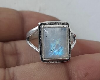 Moonstone Sterling Silver, Rectangular Rainbow, Adjustable Gift For Her  Boho Statement Ring, Christmas Gift