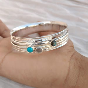 Handmade Sterling Silver Gemstone Cuff Bangle, Turquoise, And Labradorite Bangle