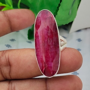 Ovaler Statement-Ring mit natürlichem Rubin, Boho-Stil, Sterlingsilber, Geburtsstein-Schmuck