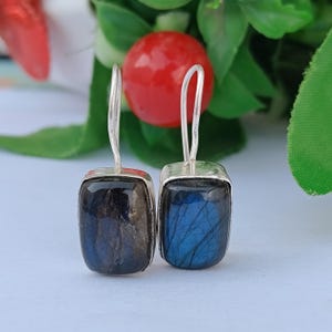 May include: A pair of drop earrings featuring rectangular labradorite gemstones set in silver. Each stone displays a dark, polished surface with iridescent blue flashes. The earrings are suspended from simple silver hooks, showcasing natural stone textures.