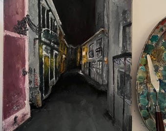 Nachtelijke steeg – Digitale kunstprint | Stedelijke sfeerkunst | Moderne muurdecoratie | Direct downloaden