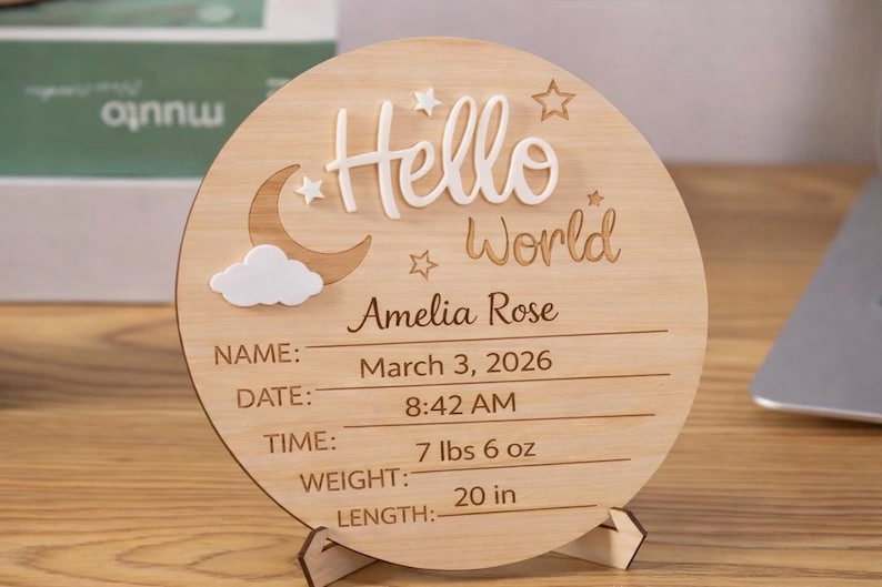 May include: Wooden birth announcement sign with the words "Hello World" and the name "Amelia Rose." The sign includes the date, time, weight (7 lbs 6 oz), and length (20 in) of the baby. The sign is supported by a wooden stand.