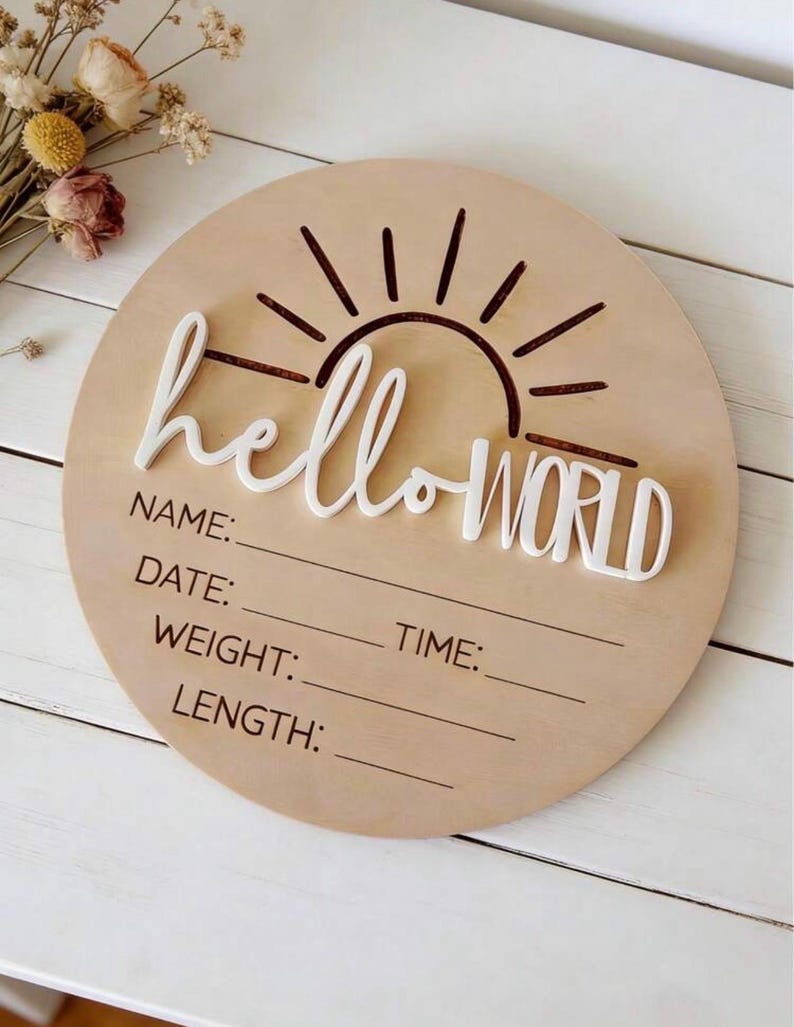 Birth Announcement Wooden Disc | 3D Hello World Baby Arrival Milestone | Keepsake Gift For New Parents image 16