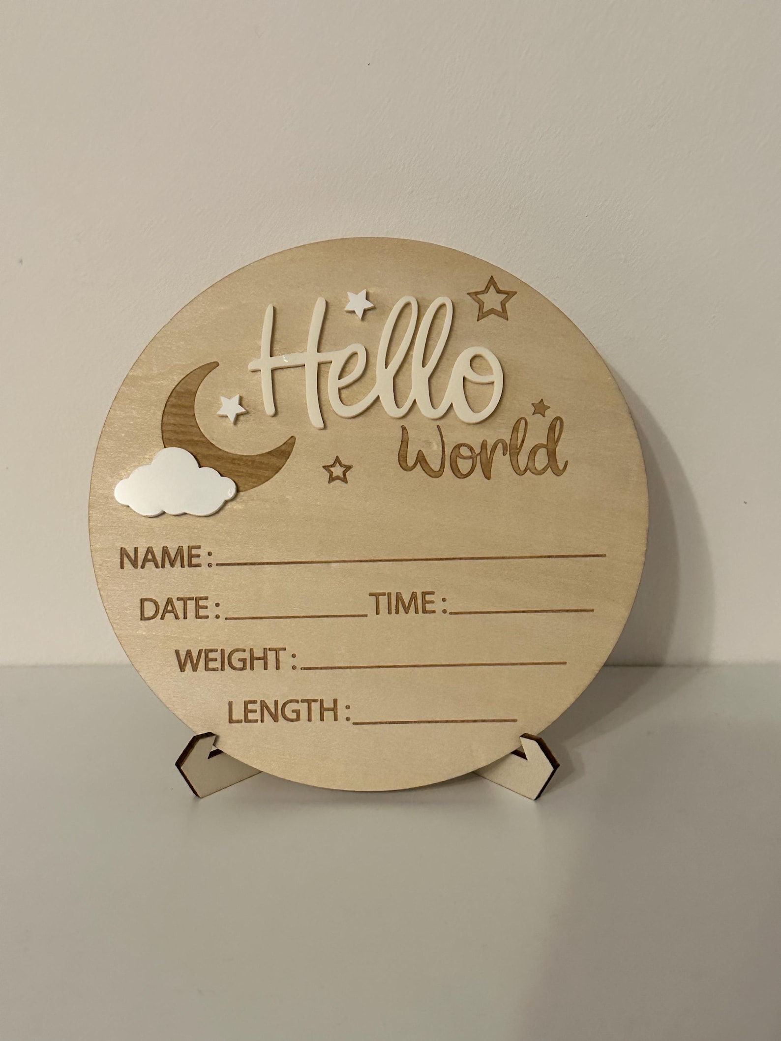 Birth Announcement Wooden Disc | 3D Hello World Baby Arrival Milestone ...