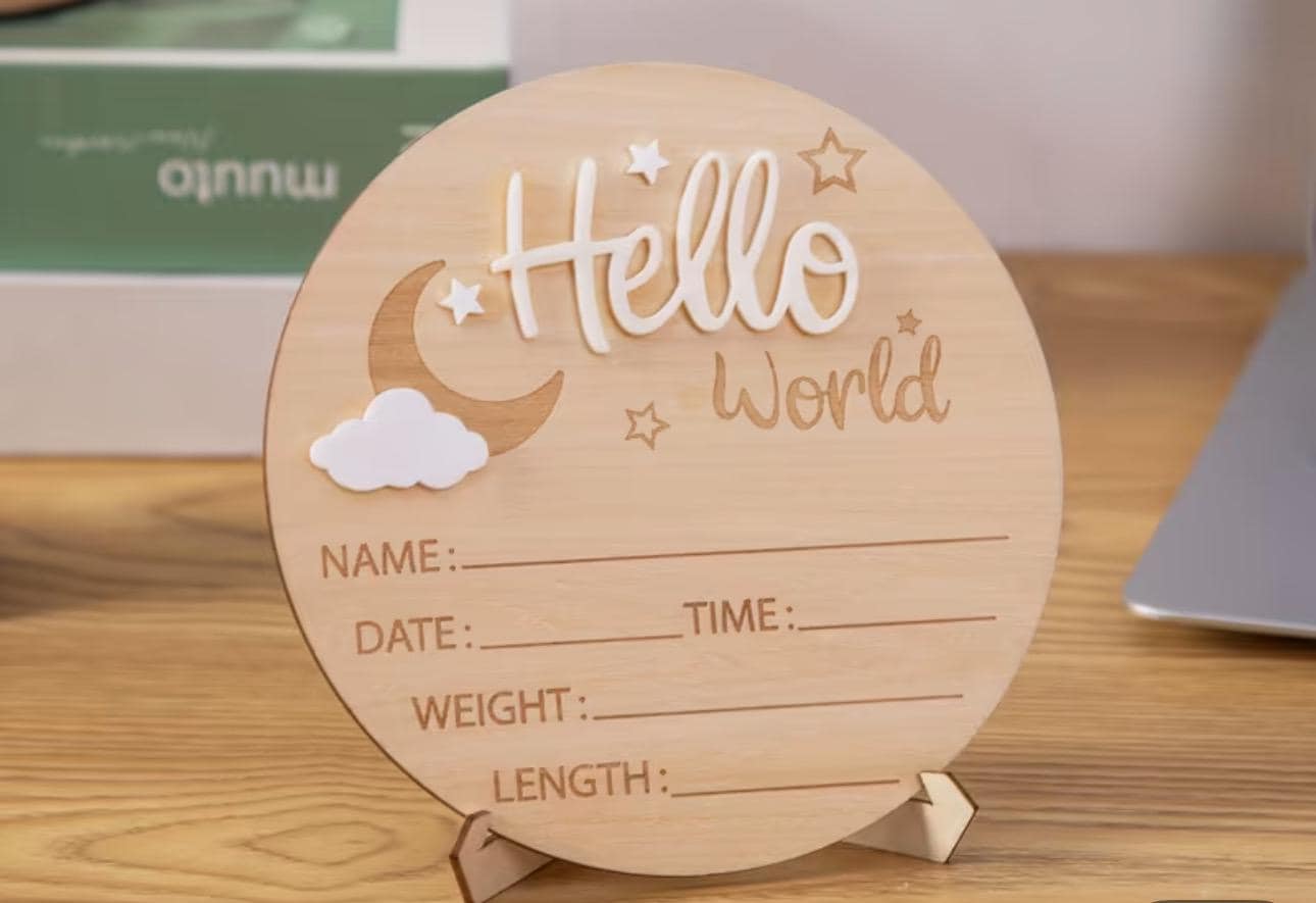 Birth Announcement Wooden Disc | 3D Hello World Baby Arrival Milestone ...