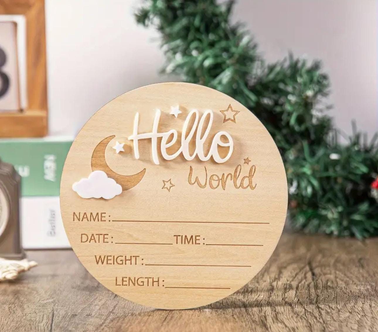 Birth Announcement Wooden Disc | 3D Hello World Baby Arrival Milestone ...