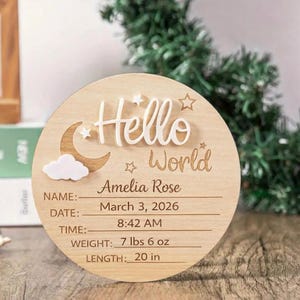 May include: A round wooden sign with the words "Hello World" in white script, along with the name "Amelia Rose". The sign includes the date, time, weight (7 lbs 6 oz), and length (20 in) of a newborn baby.
