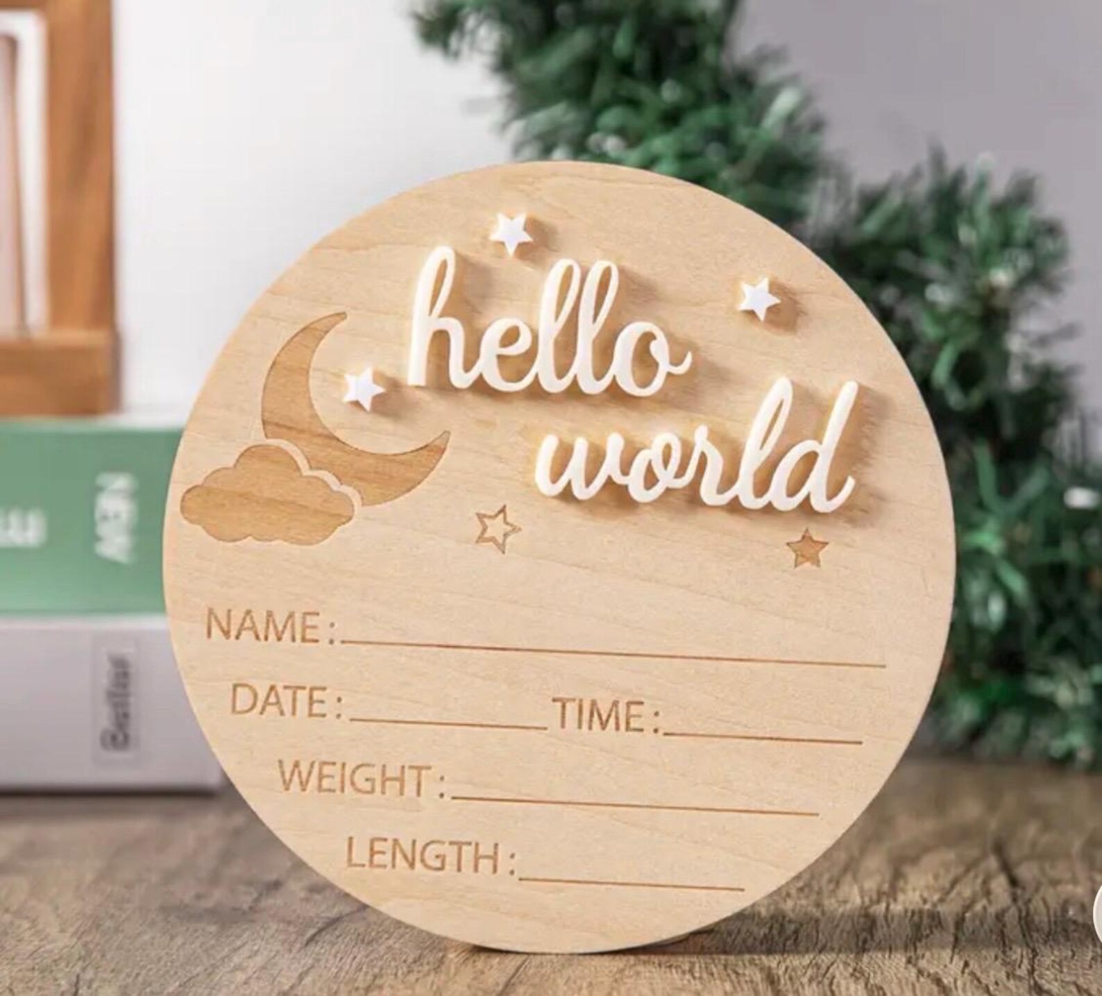 Birth Announcement Wooden Disc | Hello World 3D Baby Arrival Milestone ...