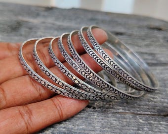 7 Stackable Silver Bracelets – Classic Thin Bangle Set for Women .