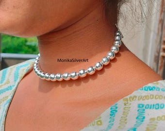 925 Sterling Silver Bead Necklace ,Sphere Minimalist Everyday Necklace .