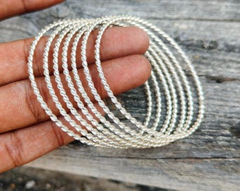 Minimalist Silver Bangle Set – 7 Thin Stackable Bracelets .