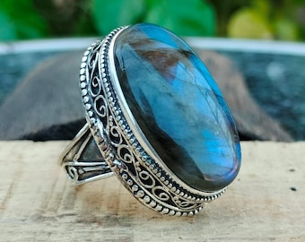 Blue Fire Labradorite Ring | 925 Sterling Silver Gemstone Jewelry .