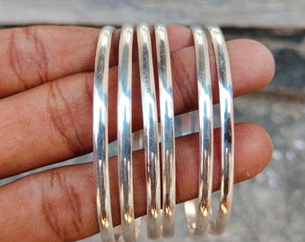 6 Silver Bangle Set ,  Minimalist Stacking Bracelets .