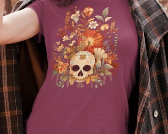 Florales Sugar Skull T-Shirt: Totenkopf mit Blumen für Halloween und Día de los Muertos