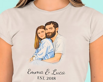 Couple Tee Custom Graphic Portrait Anniversary Present Romantic Gift Husband Wife Boyfriend Girlfriend
