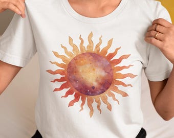 Boho Galaxy Watercolor Sun Shirt - Soft Unisex Spiritual Yoga Tee for Astrology Lover Gift