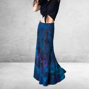 Blue Nebula Constellation Tie Dye Bamboo Maxi Skirt Plus Size Dark Pink, Black Long Skirt Galaxy Pattern Available in 2X 3X