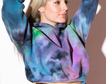 Out of This World Galaxy Tie Dye Crop Hoodie Neon Green, orange, and fushia Fleece soft top unisex fit plus size