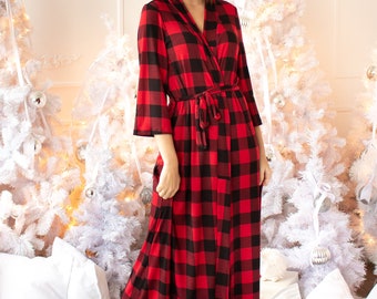 Women's Red Christmas Robe Long Length from Silky Bamboo Jersey available in Plus Size <Ladies Loungewear>