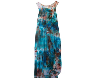 Size S - Black Blue Bamboo Cotton Boho Dress in Tie dye