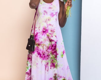 Amethyst Rose Tie Dye Maxi Dress in Soft Bamboo Jersey A-Line Fit