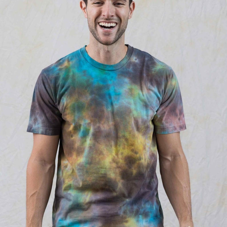 Desert Man Yellow Brown and Blue Tie Dye Cotton T-shirt Festival Wear Tee Unique gift for a Special Friend Desert Inspired Pattern image 1