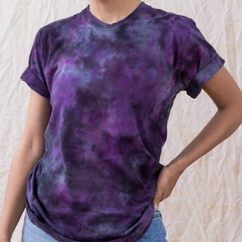 Purple Black Tie dye Cotton Tee Shirt Hand Dyed Original Masha Apparel Design One of a Kind Top Gift for Friend Holiday Present Dark Tee image 1