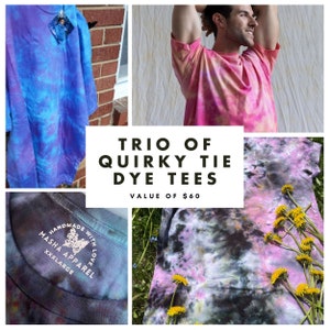 Mystery Bundle: Dark, Grunge Patterns Trio of Quirky Tie Dye Tees, 100% Cotton, Colorful Casual Wear, Imperfect Designs