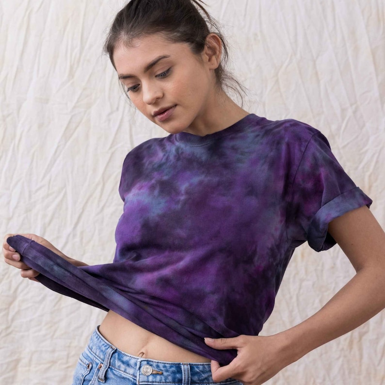 Purple Black Tie dye Cotton Tee Shirt Hand Dyed Original Masha Apparel Design One of a Kind Top Gift for Friend Holiday Present Dark Tee image 5