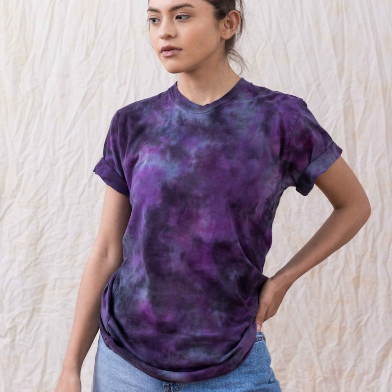 Purple Black Tie dye Cotton Tee Shirt Hand Dyed Original Masha Apparel Design One of a Kind Top Gift for Friend Holiday Present Dark Tee image 3