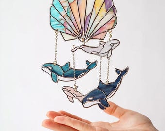 イルカのサンキャッチャー、貝殻のステンドグラス、海の窓飾り