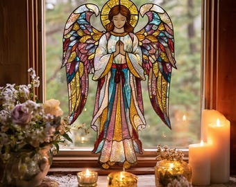 Angel Stained Glass Suncatcher Christian Window Decor Prayer Gift