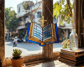 Bible Cross Acrylic Suncatcher Christian Window Hanging Religious Faith Decor