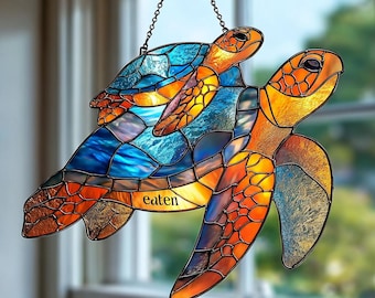 ウミガメのステンドグラスサンキャッチャー、海の窓飾り、ビーチギフト