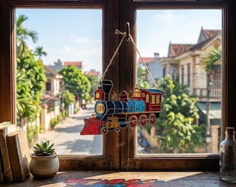Tren clásico acrílico atrapasol locomotora vintage para colgar en la ventana decoración infantil