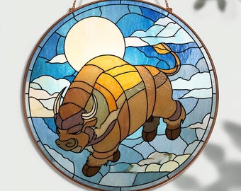Flying Bison Stained Glass Suncatcher Sky Animal Window Hanging Fantasy Creature Round Decor Gift