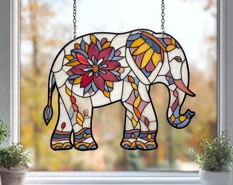 花柄の象のサンキャッチャー、ステンドグラスの象の窓飾り