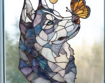 Wolf Butterfly Stained Glass Suncatcher Wildlife Window Decor Nature Gift