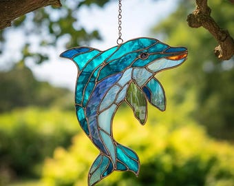 イルカのステンドグラスサンキャッチャー 海辺の窓飾り ビーチ好きへのギフト