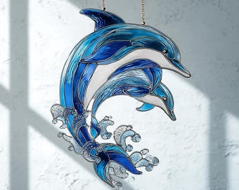 Atrapasueños acrílicos con forma de delfín azul para ventana, decoración oceánica para colgar en la ventana