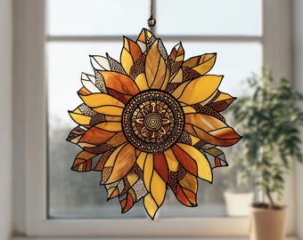 Mandala de girasol acrílico atrapasol estilo boho para ventana, decoración floral colgante