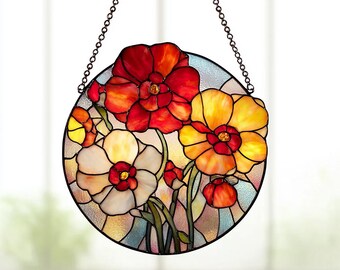 カラフルな花柄のステンドグラス風サンキャッチャー、丸い花の窓飾り