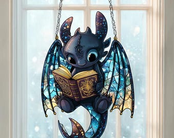 読書する龍のサンキャッチャー ステンドグラス ファンタジー ドラゴン ウィンドウハンギング