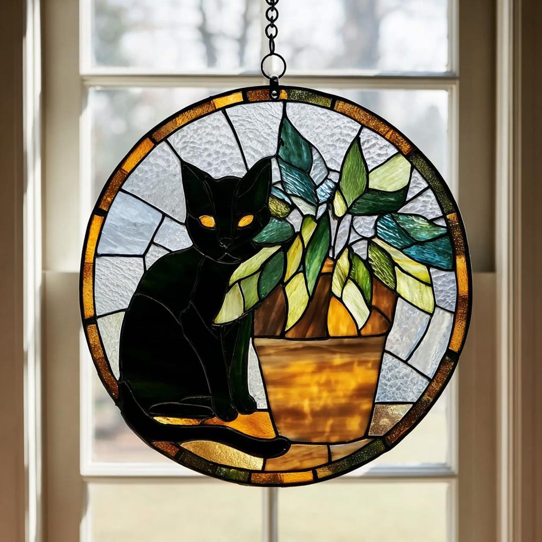 Black Cat Plant Suncatcher Stained Glass Cat Window Hanging - Etsy
