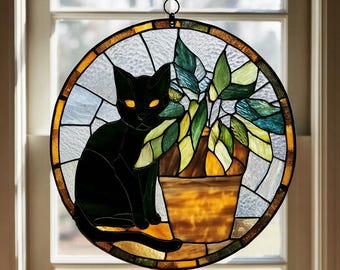 黒猫の植物型サンキャッチャー ステンドグラス風猫の窓飾り