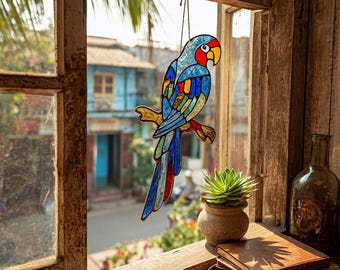 Atrapasueños acrílico con forma de loro, colorido guacamayo, adorno tropical para ventana